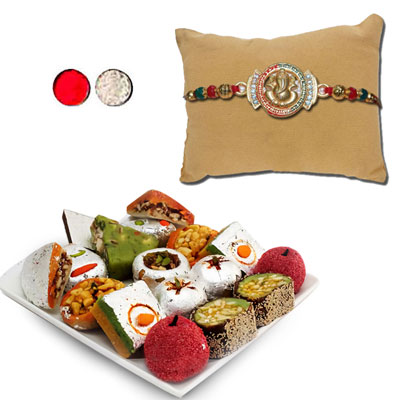 "AMERICAN DIAMOND (AD) RAKHI -AD 4060 A (Single Rakhi), 500gms of Kaju Assorted Sweets - Click here to View more details about this Product